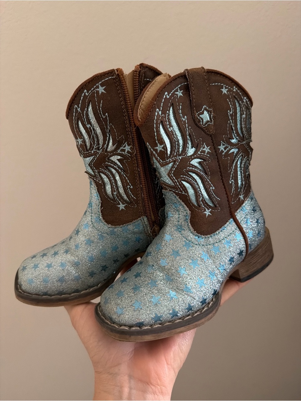 Roper Kids Brown and Light Blue Glitter Star Cowboy Boots